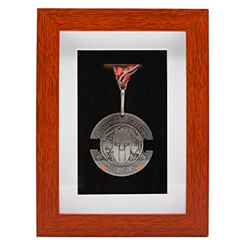 Medal Display Shadow Box Frame - Single Medal Display Case for Runners, Marathon, Soccer, Football, Gymnastics & All Sports Medals Badge Award Insignia (Teak, 5 x 7”)