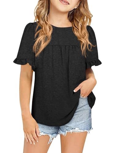 Image of Ebifin Girls Short Sleeve Tops Kids Peplum Babydoll T Shirts Tees 4-15Y | Girls T-Shirts, Crew neck Short Sleeve Shirts, Casual Tunic Tops, Cute Blouses, Summer Tees, Ruffle Hem, Loose fit