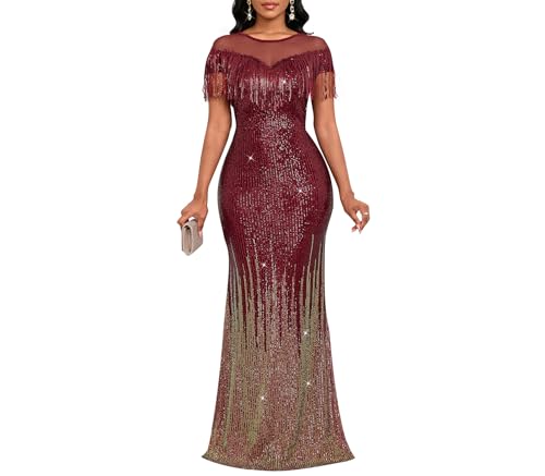 Image of Cololura Sexy Sequin Tassel Mesh Perspective Party Cocktail Bodycon Evening Club Maxi Dress
