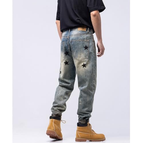 Men's Casual Star Printed Loose Fit Jeans Vintage Denim Pants4