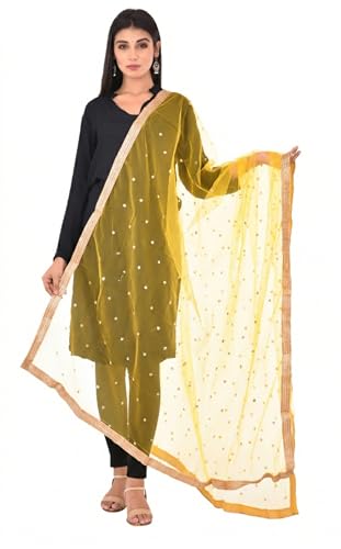 Image of YOUTHQUAKE Women's Net Embroidered Full Size Dupatta With 4 Side Golden Lace