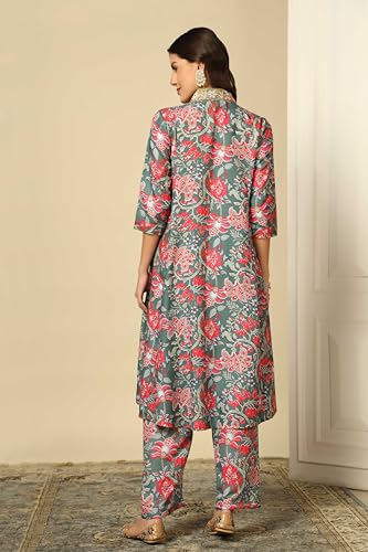 Greciilooks Women Semi Cotton Alia Cut Floral Printed Regular Fit Kurta Set (Olive,Large)
