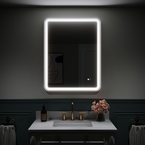 WELLFOR 28'' x 36'' Wall-Mounted Framed LED Bathroom Mirror, Bathroom Vanity Mirror with Dimmable, Metal Rounded Corner Rectangle Mirror W/Lights, Vertical/Horizontal Installation, Matte Black