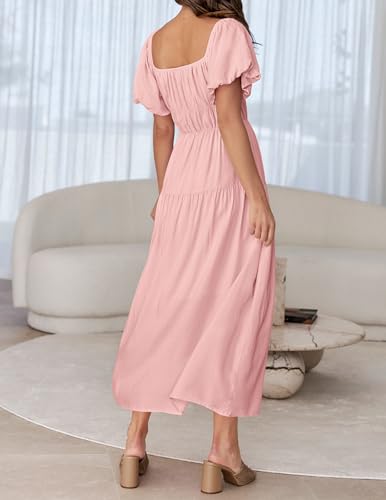 ZESICA Women's Sexy Boho Off Shoulder Puff Short Sleeve High Waist Ruffled Flowy A Line Beach Party Midi Dress4