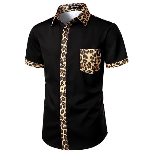 Men's Stretchy Causal Leopard Cheetah Print Short Sleeve Slim Fit Button Up Shirt2