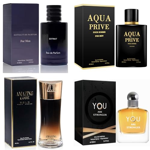 META-BOSEM Mens Cologne Set, Eau de Parfum, 4 Pack (3.4 oz / 100 mL Each), Savag, AQUA PRIVE, YOU ARE STRONGER, Amazing Code Gold, Invincible Collection, for workdays to weekends