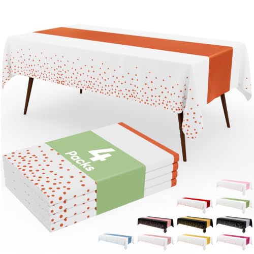 Image of Smiry Plastic Table Cloth Disposable 4 Pack, 54 x 108 Inch Rectangle Waterproof Tablecloth, Printed Gold Table Runner Style for Birthday Weeding, Party Decorations, Sturdy, White and Rust