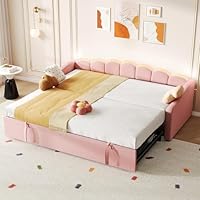 EINHOM Daybed, 3ft Upholstered Bed with Trundle, Single Bed with RGB-LED-Lighting, Petal Shaped Single Sofa Bed for Living Room & Bedroom & Study Room, 90x190cm, Velvet, Pink, (No Mattress)