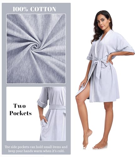 Image of ANLIQI Womens 100% Cotton Robes Lightweight Summer Short Sleeve Lady Bathrobe Knee Length Kimono Robe Sleepwear with Pockets