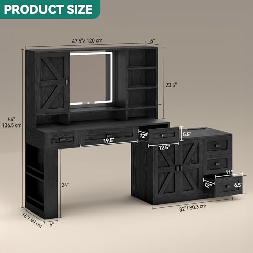 DWVO L Makeup Vanity Desk with Mirror and Lights, Farmhouse Big Lighted Vanity Table Set with 6 Drawers and Cabinet Shelves, 360° Rotation Large Dressing Table for Bedroom, Black