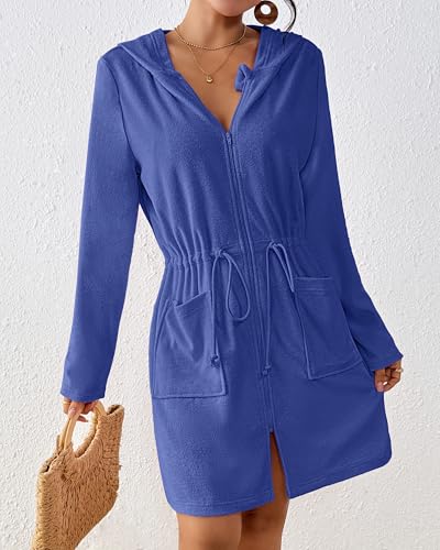 Bsubseach Terry Cloth Cover Up - Women Zip Up Long Sleeve Swimsuit Coverup Hooded Bath Robes with Pockets2