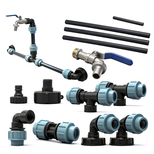 IBC Tank verbinder IBC Verbindungsset für 3 Tanks inkl. 3/4 Schwanenhals-Wasserhahn & Schlauchverschraubung Ideal zur Gartenbewässerung & Regenwassernutzung für Regentonnen