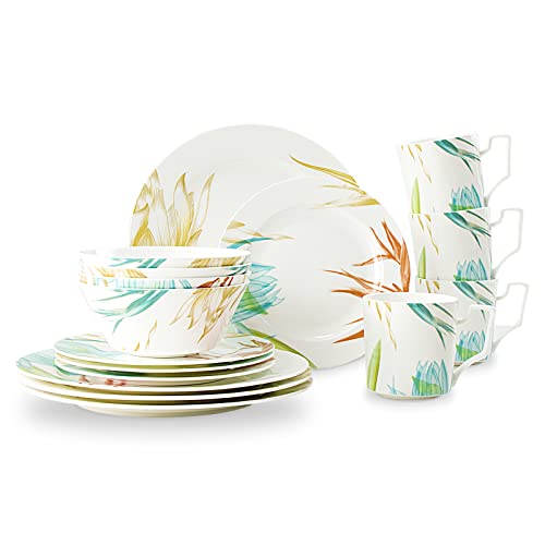 16-Piece Bone China Round Dinnerware Set, Multicolor Design Dish Sets, Service For 4, Set With Plates, Bowls And Mugs, For Indoor And Outdoor Use Bpa Free (E) #TOP23