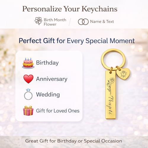 Image of Personalized Double-Sided Stainless Steel Keychain, Custom Name and Birth Flower Engraving, Initial Charm, Silver