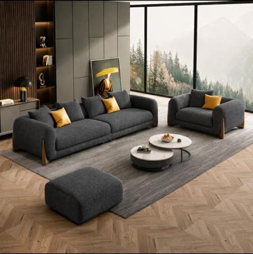 Image of Modern Sofa Chesterfield Design with Stylish Wooden Legs Bouncy Teddy Fabric Off-White Finish Sofa for Living Room, Bedroom, Hallways (3+1+Ottoman, Dark Grey)