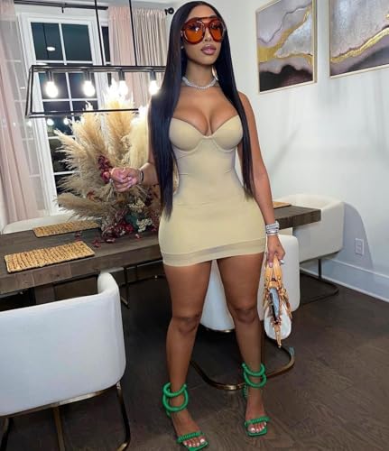 Image of Sexy Bodycon Mini Dress for Women Sweetheart Neck Spaghetti Strap Mesh Hem Party Club Night Out Short Dresses