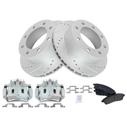 Image of TRQ Rear Performance Brake Pad, Caliper, & Rotor Kit Semi-Metallic Premium G-Coated Compatible with 2000-2005 Ford Excursion 2000-2004 F-250 Super Duty F-350 Super Duty