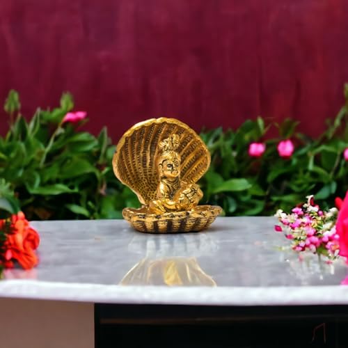 Image of KridayKraft Shri Krishna Sitting Under Seep Laddu Gopal with seep Base Metal Statue Showpiece Figurines,Religious Idol Gift Article.