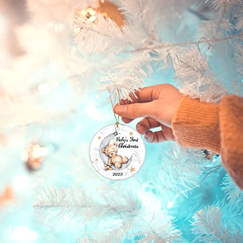 Juooe Baby's First Christmas 2023 Bear On The Moon Ornament Christmas Wedding Decoration Baby Ornament Newlywed 2023 (Yellow And White Baby Bear) #TOP4