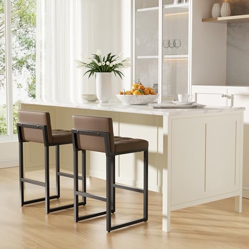 Image of 24 inch Bar Stools Set of 2, Modern Faux Leather Counter Height Bar Stools with Low Back and Footrest, Sturdy Thickened Metal Leg, Upholstered Kitchen Bar Chairs for Island, Coffee