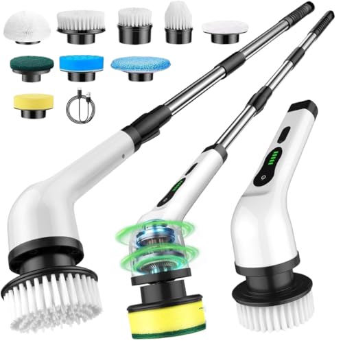 Image of Powerful Electric Spin Scrubber with Extendable Handle, 2-Speed Cordless, 9 Multi-Surface Brush Heads, 90Mins Work Time, 3 Adjustable Size, Rechargeable Cleaning Tool for Bathroom Tiles, Tub & Floors.