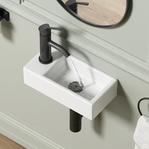 Small Wall Mounted Bathroom Sink QISHKA 14.5 x 7 Ceramic Rectangar Wall Hung Vessl Sink White Wash Basin Save Space for Mini Bathroom (Left Hand)
