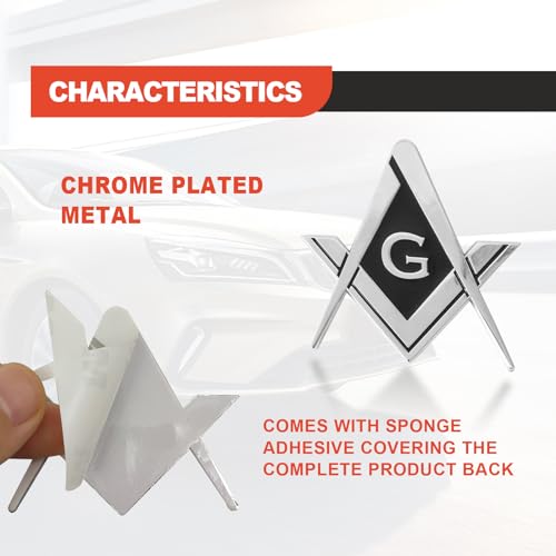 Image of 2 pcs Freemason Square and Compass Metal Decal Auto Emblem, 2.75 inch Chrome Plated Premium Auto Truck Motorcycle Decal Gift Decoration Accessories