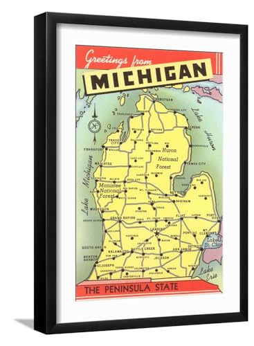 Art.com Wall Art Print Map of Michigan on Black Frame, 17" x 23"