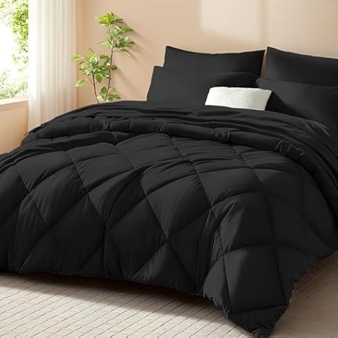 SunStyle Home Queen Comforter Sets, 7-Pieces Bed in a Bag with Comforter and Sheets, All Season Bedding Sets with Comforter, Flat Sheet, Fitted Sheet Pillow Shams and Pillowcases (Black) Cover