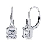 BERRICLE Sterling Silver Solitaire Leverback Drop Dangle Earrings for Women, 4 Carat Asscher Cut Cubic Zirconia CZ