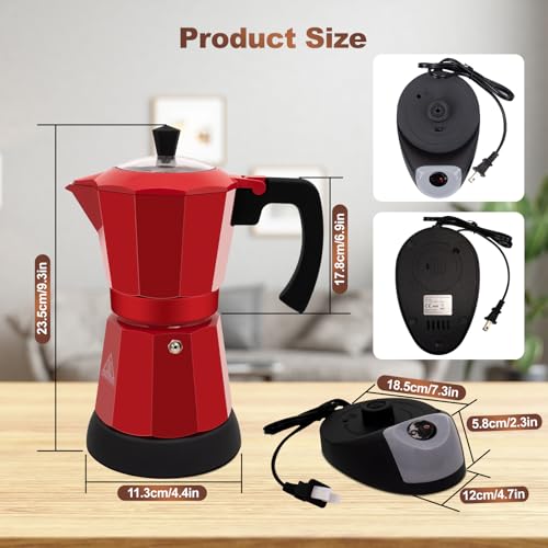 Image of Aluminum Electric Coffee Maker Moka Pot for 5-6 Cup 270ml with Detachable Base Coffee Makers for Home Coffeemaker Italian and Cuban MochaPot Espresso Coffee Maker Red