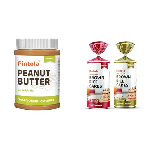 Image of Pintola Combo - Organic Peanut Butter Crunchy 1kg + Rice Cakes (Unsalted & Multigrain) (Pack of 2) (130g x 2), 100% Roasted Peanuts butter, Unsweetened, Crunchy Nut Butter With Organic Rice Cakes