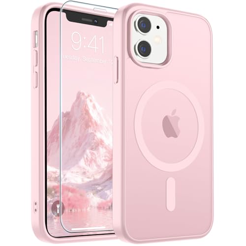 Image of SUPFINE Magnetic for iPhone 11 Phone Case with Screen Protector (Compatible with MagSafe) (Military Grade Drop Protection) Translucent Matte Shockproof Phone Cover,Light Pink