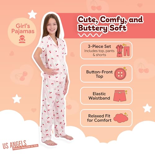 Image of US Angels Girls Pajama Set 3 Piece, Short Sleeve Button Down PJs with Shorts & Pants, Soft Sleepwear Girls & Tweens Size 5-16