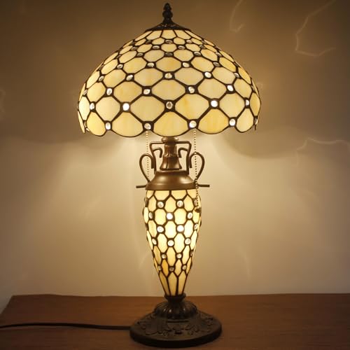 Image of WERFACTORY Tiffany Style Table Lamp Cream Stained Glass Crystal Bead Lamp
