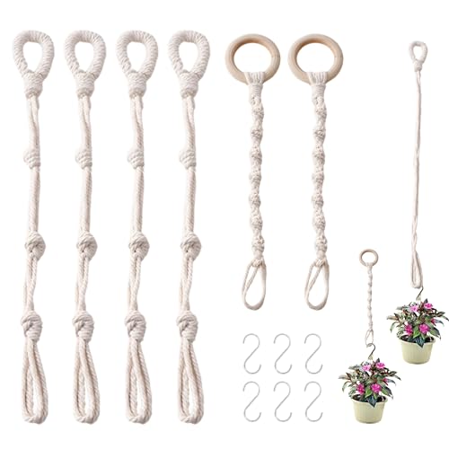PYSEOSISE Rallonges de Suspension Plante, 6 Pièces Support de Plantes Macramé, Suspension Pot de Fleurs en Corde de Coton Beige Style Bohème avec Crochets pour Extérieur Jardin et Balcon