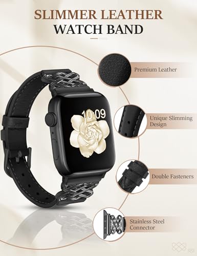 Image of Newlibery Leather Band for Women Slim Dressy Bands Compatible with Apple Watch 38mm 40mm 41mm 42mm 44mm 45mm 49mm, Designer Interlock Buckle Strap for iWatch Series 10 /9 /8 /7 /6 /5 /4 /3 /2 /1 /SE /Ultra