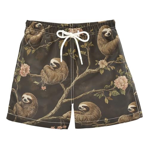 Boys Quick Dry Swim Trunks with Pockets Sloths Retro Flower Beach Shorts for Kids, Toddler Swimsuit Boy