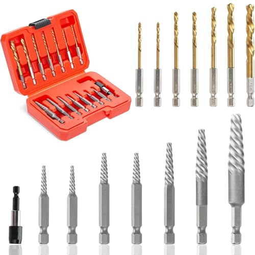 15-Pieces Screw Extractor Set, 37# CR-MO & 6542 HSS Steel Cobalt Left Hand Reverse Drill Bit with...