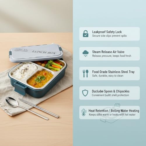 Image of Insulated Stainless Steel Lunch Box with Textured Lid | 3 Compartments | 525ml | BPA Free | Leakproof | Microwave Safe Without Lid | Bento Tiffin Box for Office School Travel (Dark Teal, 2)