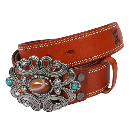 Women's Western Belt - Vintage Embossed Leather Strap, Turquoise Stone Embellished Hollow Flower Buckle2