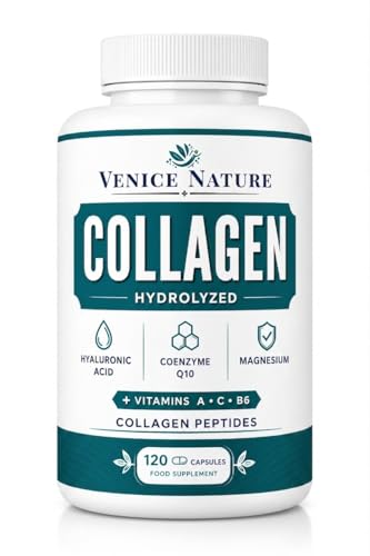 Collagene e Acido Ialuronico - Collagene Idrolizzato con Acido Ialuronico Coenzima Q10 + Vitamina C + Magnesio, Vitamina A - B6 - Collagene Completo Integratore - Collagen Venice Nature