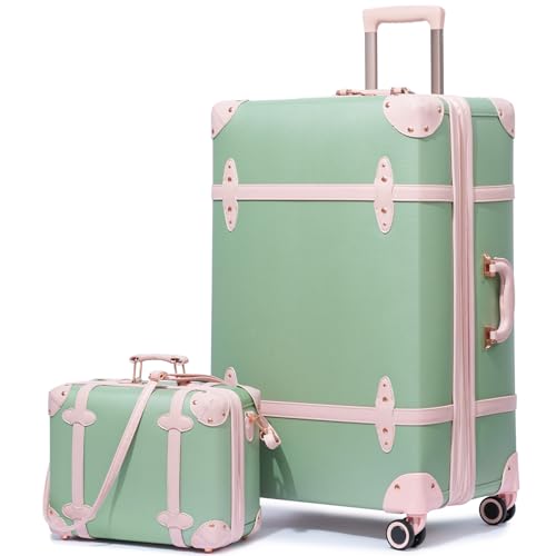 NZBZ Vintage Luggage Sets for Women Retro Suitcase Cute Retro Suitcase Cute Vintage Expandable Luggage of 2 (Green with Pink 14inch & 28inch)