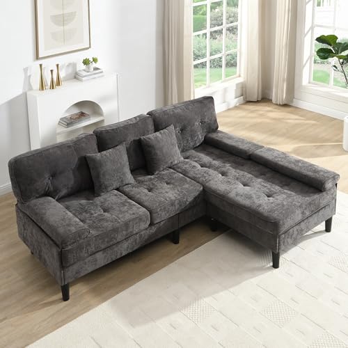 Luscriate Modulares Großes L-Form Ecksofa aus Chenille, 3-Sitzer Schlafsofa mit Chaiselongue & Fußhocker, Couch für kleine Wohnungen, Grau (Antique Grey)