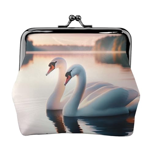 Pu Leather Buckle Coin Purse Romantic-Swans-Love Girls Kiss-Lock Change Purse Wallets