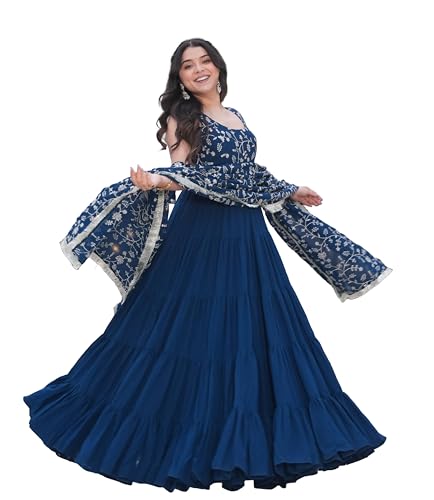 Image of FOXDX Design a New Fuax Georgette Sleeveless Anarkali Gown with Dupatta 2 Peice Pair for Women | 7 mtr Gown Flair | 54 inch Gown Length
