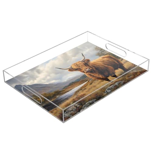 Nesatuwa Highland Cow Acrylic Serving Tray with Handles,Clear Serving Tray Decorative Tray Organiser for Ottoman, Kitchen, Bedroom Decorative Tray 12x16 Inches