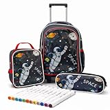 Kit Mochila Infantil Menino com Rodinhas Lancheira Termica Estojo Inclui Kit Escolar de Pintura Astronauta