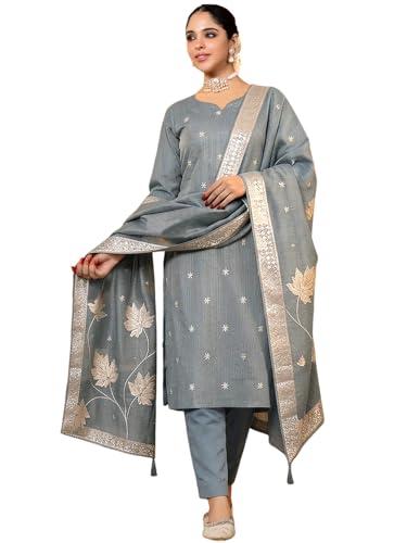 Image of Pinkmint Women Jacquard Silk Ethnic Kurta with Dupatta Suit for Women | Straight Fit Designer Wear with Woven Pattern & Tassel Dupatta | Availble in Plus Size