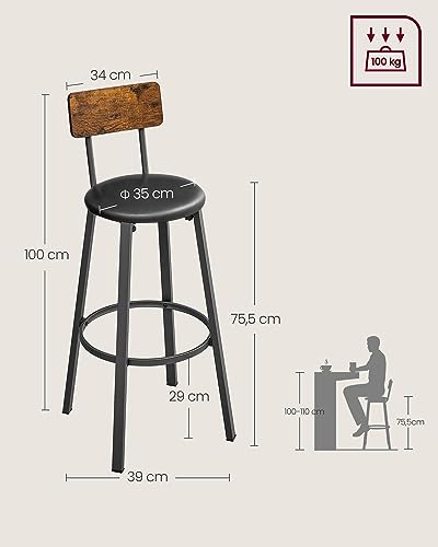 Miniatura 3 de Vasagle Taburetes De Bar, Juego De 2 Taburetes De Barra, Tapizados De Pu, Taburete Alto Con Reposapiés, Montaje Simple, Industrial, Para Cocina, Comedor, Marrón Rústico Y Negro Tinta Lbc069b81